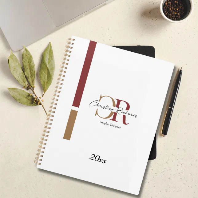 Simple Modern Burgundy Gold Monogram Planner