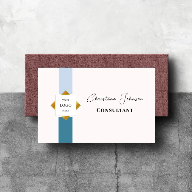 Trendy Teal Stripes Gold Logo Business Card