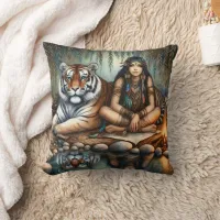 Native American Woman Meditates With A Tiger Throw Pillow