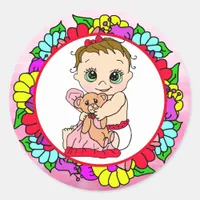 Sweet Little Baby with Teddy Bear Floral Classic Round Sticker