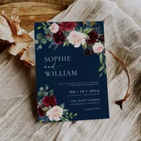 Navy Burgundy Floral Wedding Invitation