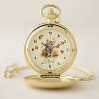 Cute Orange Tabby Kitten in Fall Leaves Pocket Watch