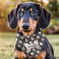 Dark Gray And White Paw Print Dog Bone Custom Name Pet Bandana Collar