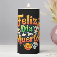 Colorful Day of the Dead Candy Skulls Marigolds Pillar Candle