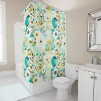 Pretty Folk Art White and Turquoise Flowers   Shower Curtain