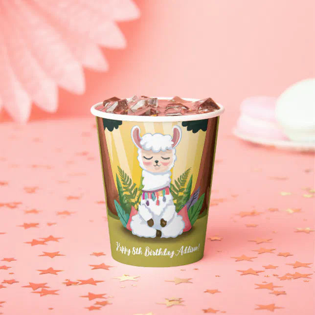 Cute Llama Meditating in Magical Forest Birthday Paper Cups