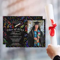 Photo Graduation Black Cap Confetti Class of Party Invitation