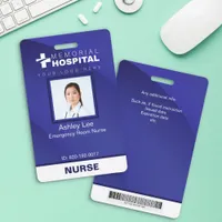Blue Hospital Staff ID Badge with Photo & Barcode