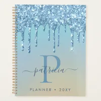 Glam Blue Glitter Drips Elegant Monogram   Planner