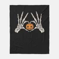 Skeleton Hand Heart And Pumpkin Funny Skull Hallow Fleece Blanket