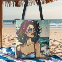 Beautiful Woman on Beach Comic Book Pop Art Tote Bag