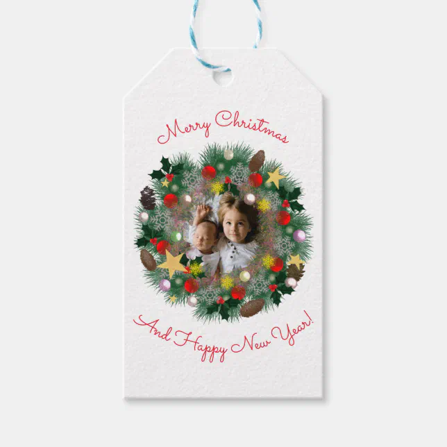 Christmas and New Year greetings, photo in a wreat Gift Tags