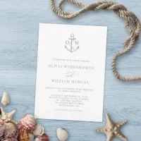 Dusty Blue White Nautical Anchor Monogram Wedding  Invitation