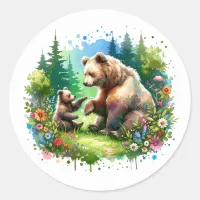 Cute Watercolor Bear and Cub Classic Round Sticker