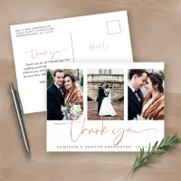 Rose Gold Foil Script Photo Wedding Thank You Postcard