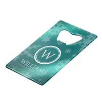 Festive Light Blue Foil Snowflakes Monogram Name Credit Card Bottle Opener