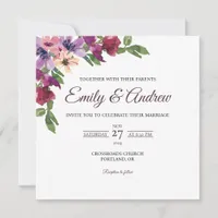 Purple Burgundy Floral Watercolor Square Wedding Invitation