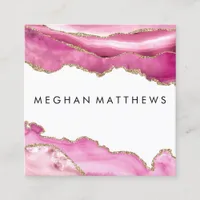 Pink Agate Gold Sparkle Beauty Stylist  Makeup Square Business Card