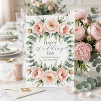 Pink Peony Eucalyptus Watercolor Wedding Congrats Card