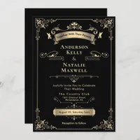 Elegant Rococo Ornament Black & Gold Wedding Invitation