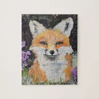 Cute Red Fox Purple Flowers Mixed Media Jigsaw Puzzle