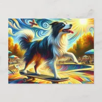 Skateboarding Colorful Tri-Color Border Collie Postcard