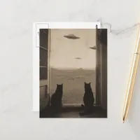 Sepia Cats and UFOs Postcard
