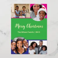 Bright 4 Photos Collage Merry Christmas Custom Foil Holiday Card