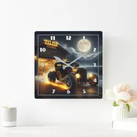 Vintage hot rod racing under a full moon at night square wall clock