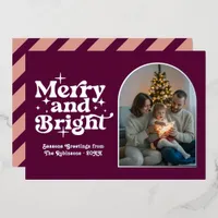 Berry Purple & Silver Modern Retro Christmas Photo Foil Holiday Card