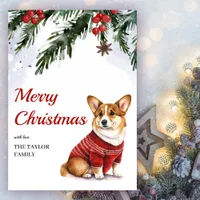 Watercolor Cute Corgi Dog Merry Christmas Holiday Card