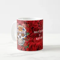 Sugar Skull Pink Red Roses Holidays Add Names Coffee Mug