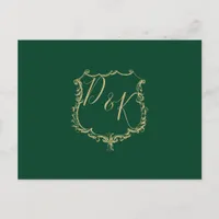 Monogrammed Gold Crest Green Wedding rsvp Postcard