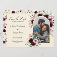 Elegant Cream and Burgundy Floral  Photo Wedding Save The Date