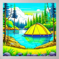 Tent Floating on the Lake Camping  Themed Poster