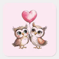 Two Adorable Owls with a Heart Balloon Square Sticker