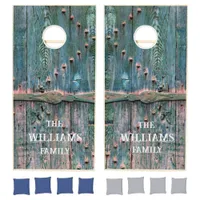 Rustic wooden gate and iron in blue, custom cornhole set