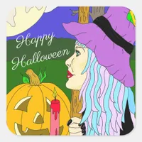 Happy Halloween Hand drawn Witch and Full Moon Square Sticker