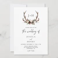 Rustic Antlers Floral Boho Wedding QR Code Invitation