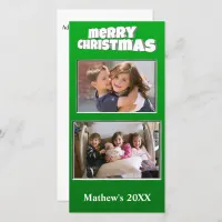 Two Photo Christmas Green Add Message Back Family Holiday Card