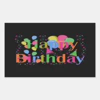 Confetti, Party Hats & Balloons Birthday Black Rectangular Sticker