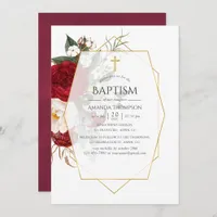 Burgundy and White Floral Geometric Baptism Invitation