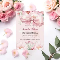 Blush pink bow florals Quinceanera Invitation