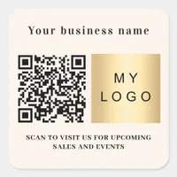 Business name beige logo qr code square sticker