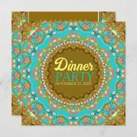 Modern Bohemian Aqua Gold Dinner Party Invitation