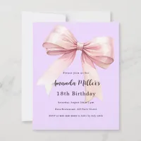 Lavender pink bow elegant birthday invitation