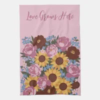 Floral Decor Love Grows Here - Peonies sunflowers Kitchen Towel