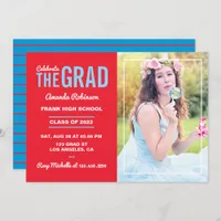 Blue and Cherry Red Graduation Party Photo Invitation