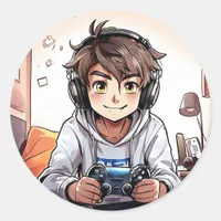 Anime Boy Playing Video Games Classic Round Sticker