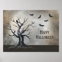 Spooky Halloween Tree with Raven and Bats Poster